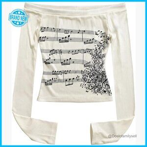 Y2K Graphic Off Shoulder Long Sleeve Ribbed Knit Slim Fit Tee